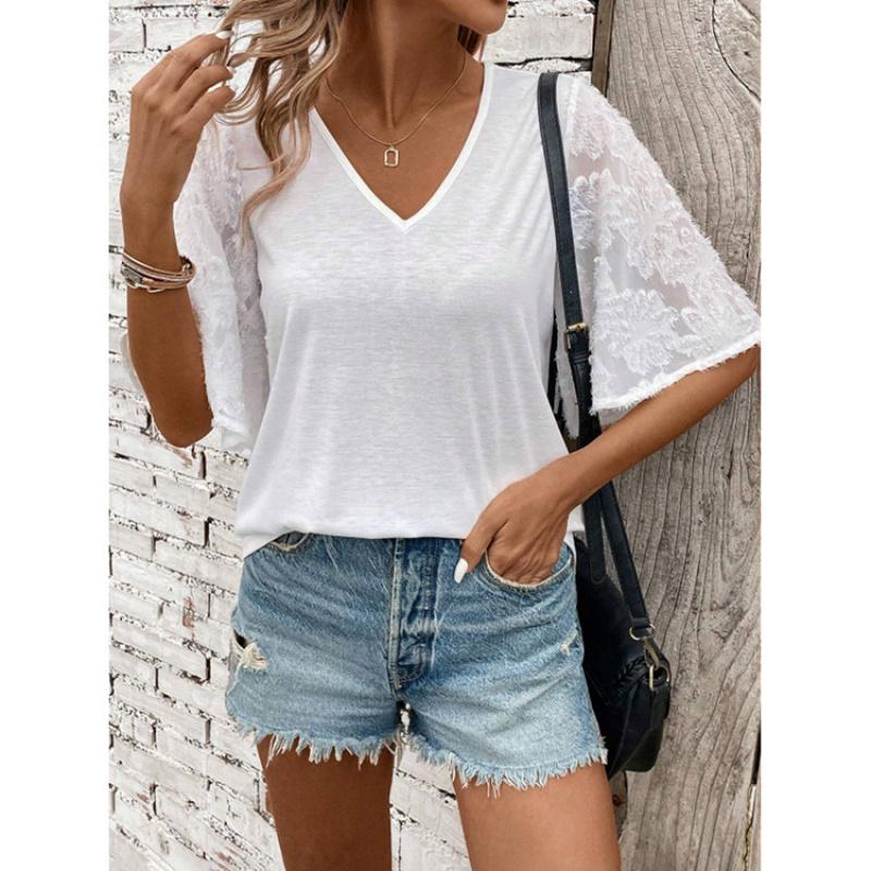 2026 Summer New V-neck Lace Sleeve Loose Women's Casual Solid Color T-shirt