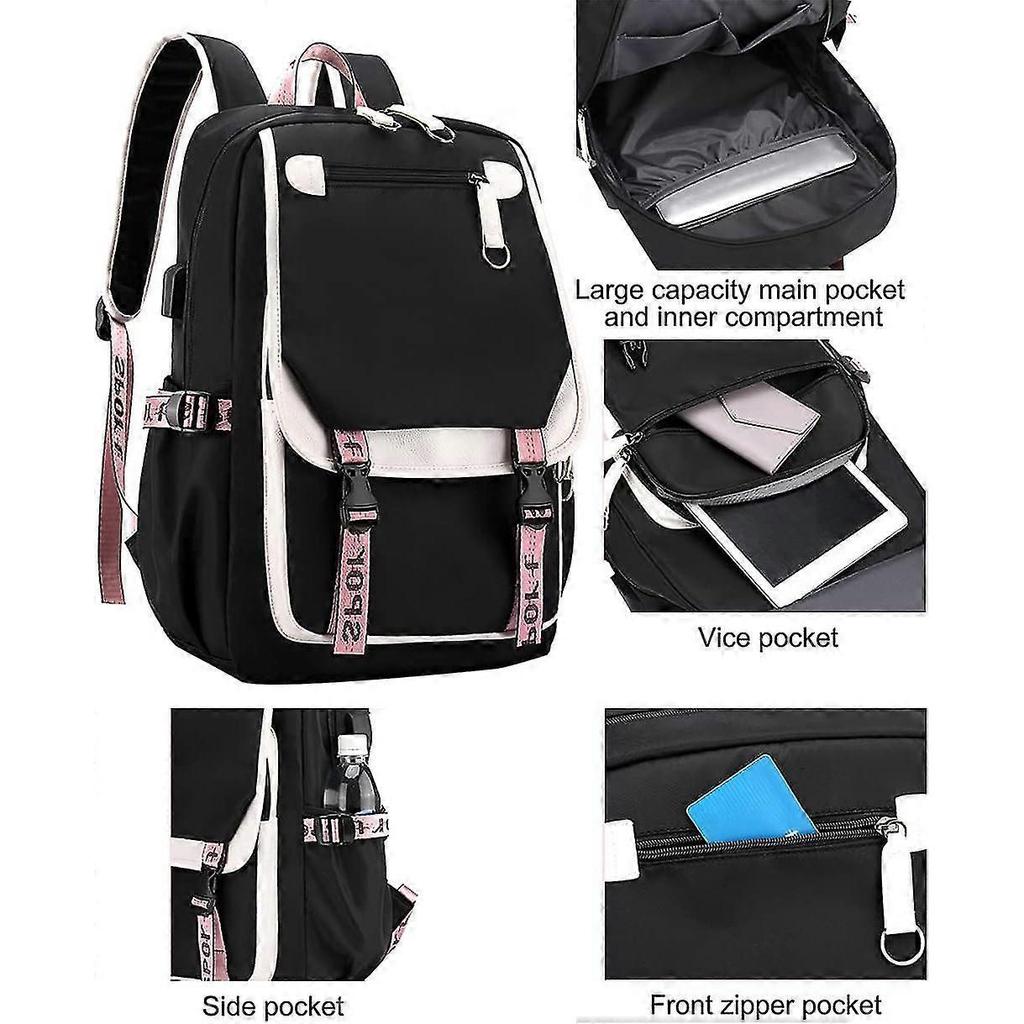 Teenage Girls' Backpack Middle School Students Bookbag Outdoor Daypack With Usb Charge Port, Black Pink