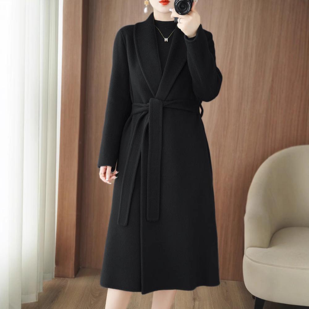 Temperament Women's Extra Long Double-Faced Wool Slim Fit Pea Coat - 100% Wool Autumn/Winter High-End Overcoat