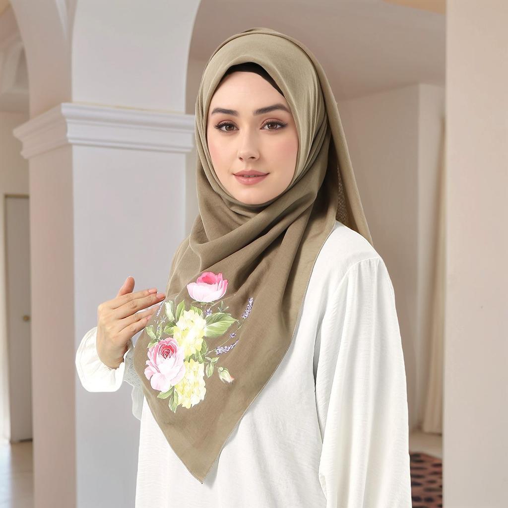 Muslim Ramadan Instant Square Scarf Flower printed Cotton Linen Handkerchief Headwraps Caps Ladies Islam Hijab 110*110cm