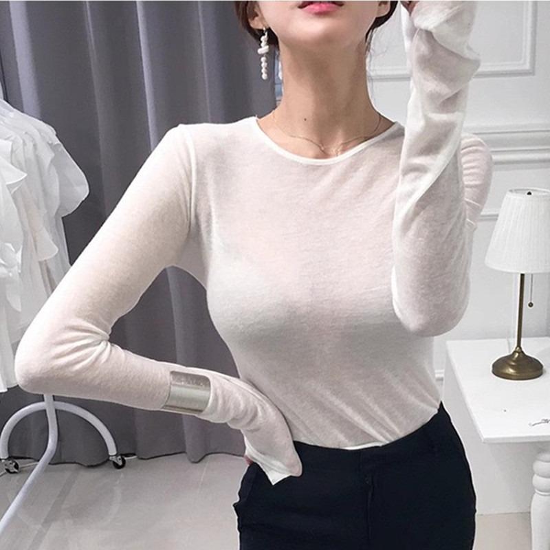 

Женский облегающий сексуальный базовый топ, осенняя тонкая эластичная слегка прозрачная модель, подчеркивающая грудь, однотонная, универсальная футболка с длинным рукавом one size белый