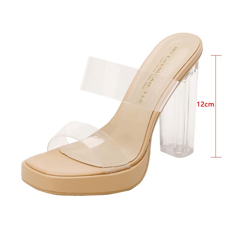 Leather Sheepskin Transparent High-heeled Sandals Women's 2025 New Waterproof Table with Crystal Heel Thick Heel Cool Slippers