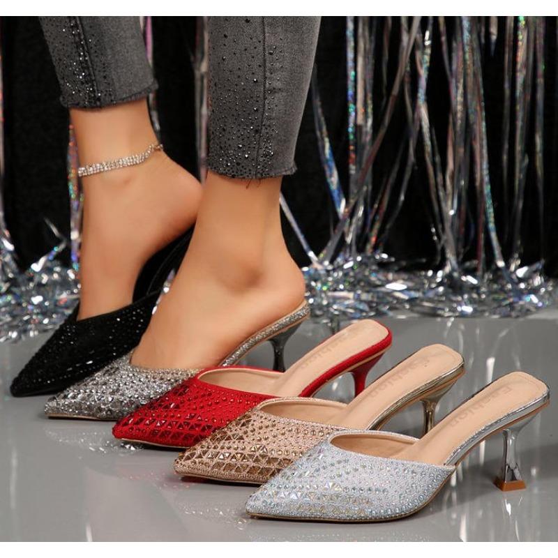 Summer New Pointed High Heels Women's Muller Shoes Transparent Water Diamond Sexy Fashion Thin Heel Women's Sandals