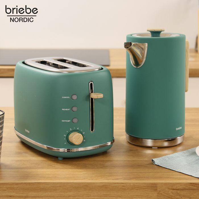 Nordic Ensemble Grille Pain 2 Fentes Larges, Bouilloire Électrique 1,7L Sans BPA Briebe SKT1167GRE 2200W Vert 04032