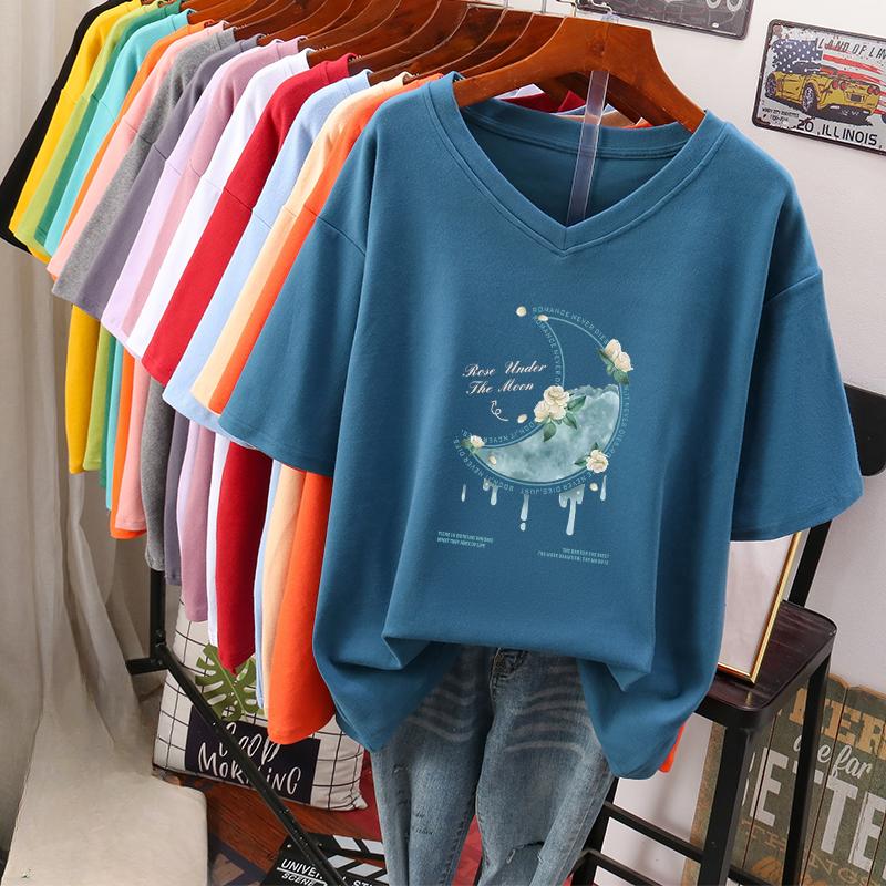 Camiseta de manga curta, Solta, Top V-neck Estampado Emagrecedor para Mulheres