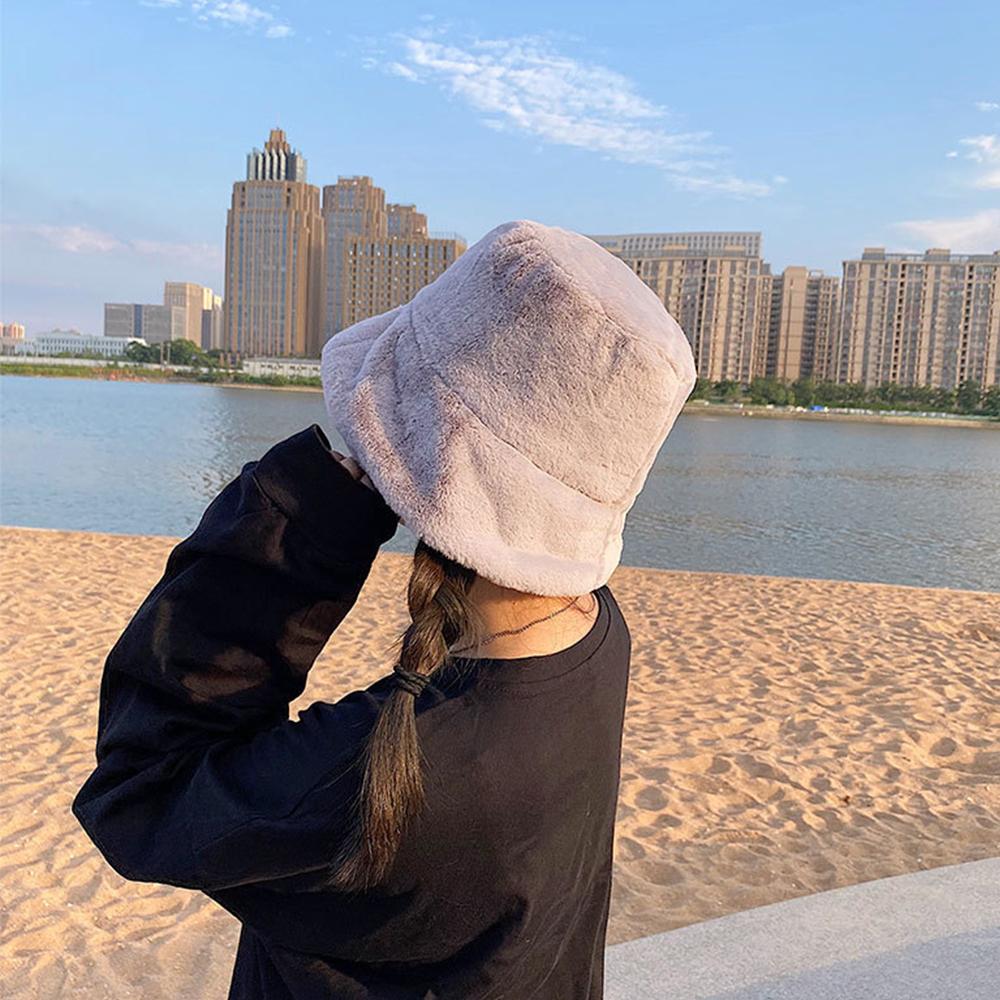 Sweet Ladies Winter Soft Outdoor Warmer Faux Fur Rabbit Warm Hat Fishing Cap Bucket Hat