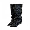 2025 new patent leather knight boots but knee boots stacked boots retro pointed autumn and winter fashion