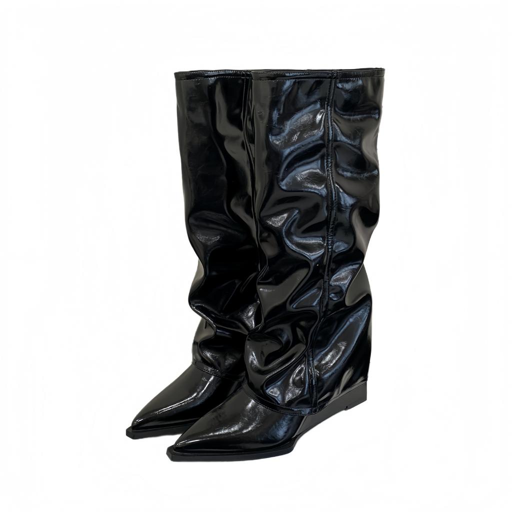 2025 new patent leather knight boots but knee boots stacked boots retro pointed autumn and winter fashion