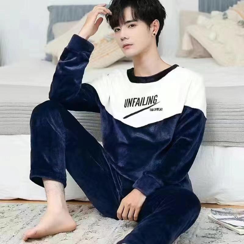 Autumn and Winter 2-Piece Set of Men's Coral Fleece Pajamas Long-Sleeved Long Trousers Boys Winter Thickened and Padded Men's