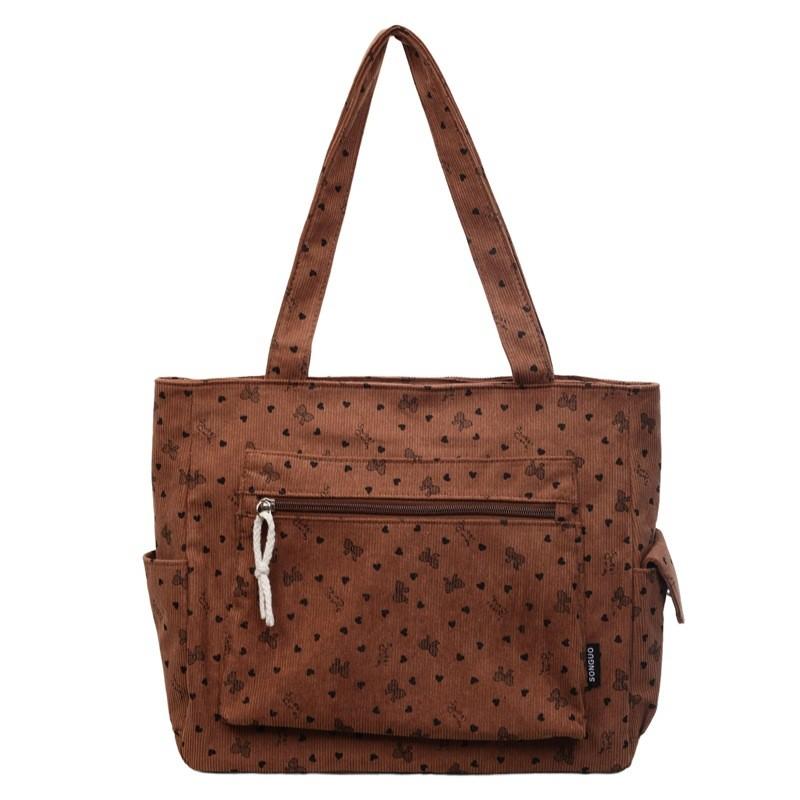 Large Capacity Cotton Corduroy Tote With Multiple Pockets For Casual Daily Carry
