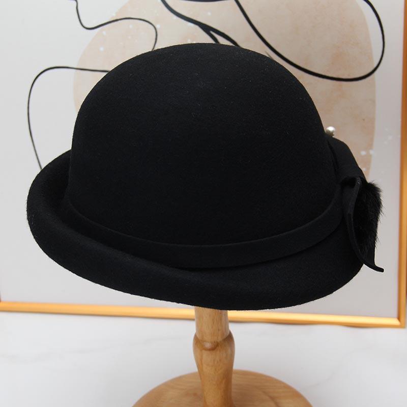 Autumn and winter hat female British retro wool woolen crimped basin hat fashion French bucket hat bow pearl felt hat