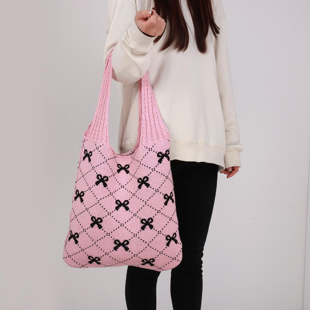 Women Crochet Tote Handbag Large Capacity Crochet Grocery Bag Contrast Color Travel Shopping Handbag Female Holiday Bag