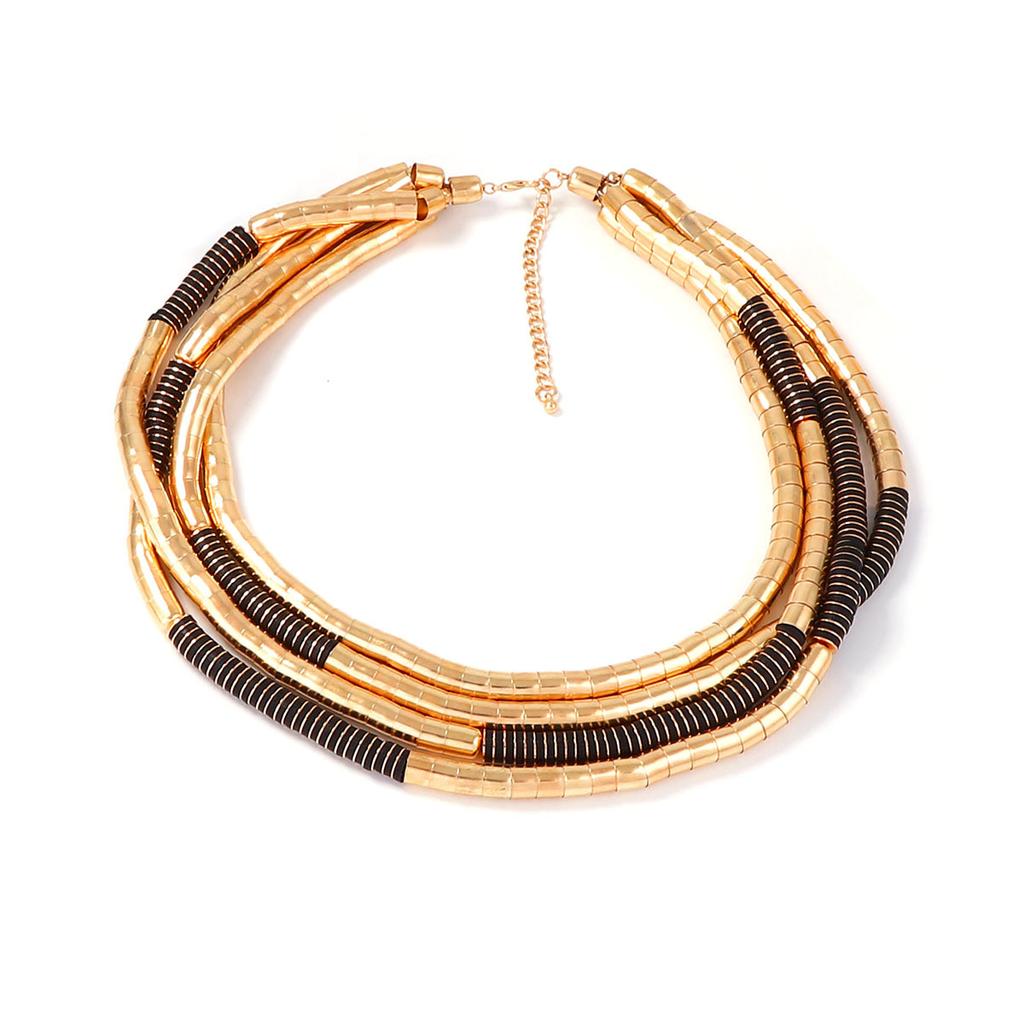 Leisure trend punk style metal wood multi-section tubular splicing multi-layer necklace light luxury high-end women