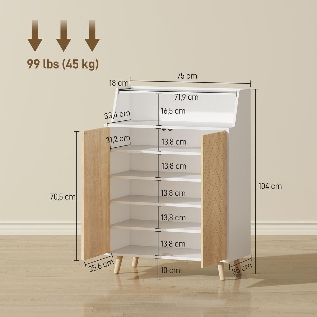 Entrance Shoe Cabinet With 2 Doors Adjustable Shelves And Open Compartment 75x35x104 Cm White And Natural