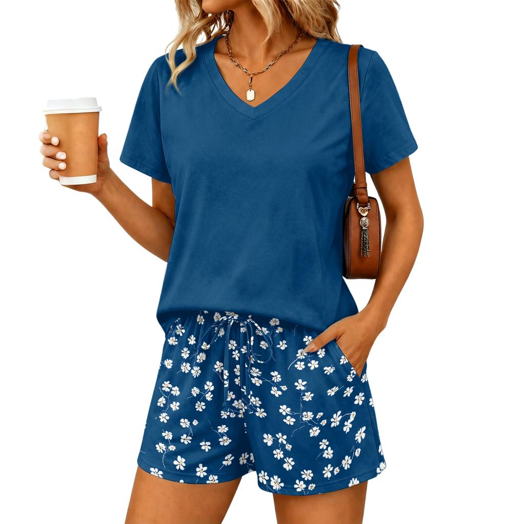 Women Two Piece Set V Neck Short Sleeve Top and Floral Print Drawstring Waist Shorts Casual Lounge Wear