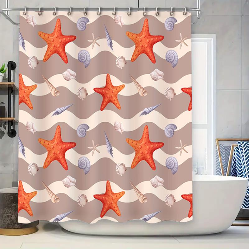 

Sea Starfish Shell Shower Curtain Decor For Bathroom Peach Color With Blue White Striped Tub Mat Set, Waterproof Fabric Free Shi W60H190(CM)-1 Pcs