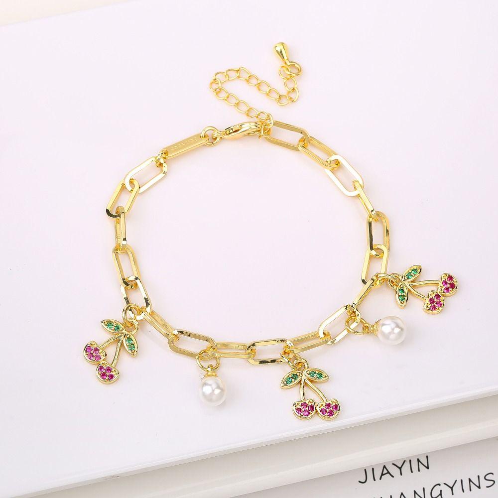 Fruit Cherry Charm Bracelet Gold Plated Metal Bracelet New Design Cherry Pearl Bracelet  Party
