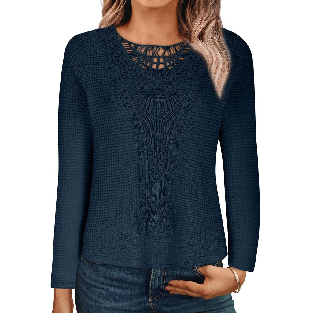 Solid Crew Neck Cut Out T-Shirt Elegant Ribbed Long Sleeve Contrast Lace T-Shirt for Fall & Winter Women's Clothing