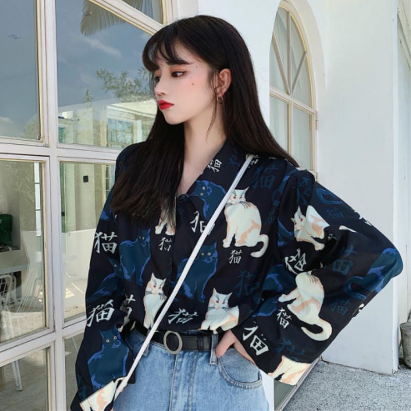 Harajuku Katze Bluse Frühling Langarm Drehen Unten Kragen Vintage Shirt Lose Blusen Mode Blusas