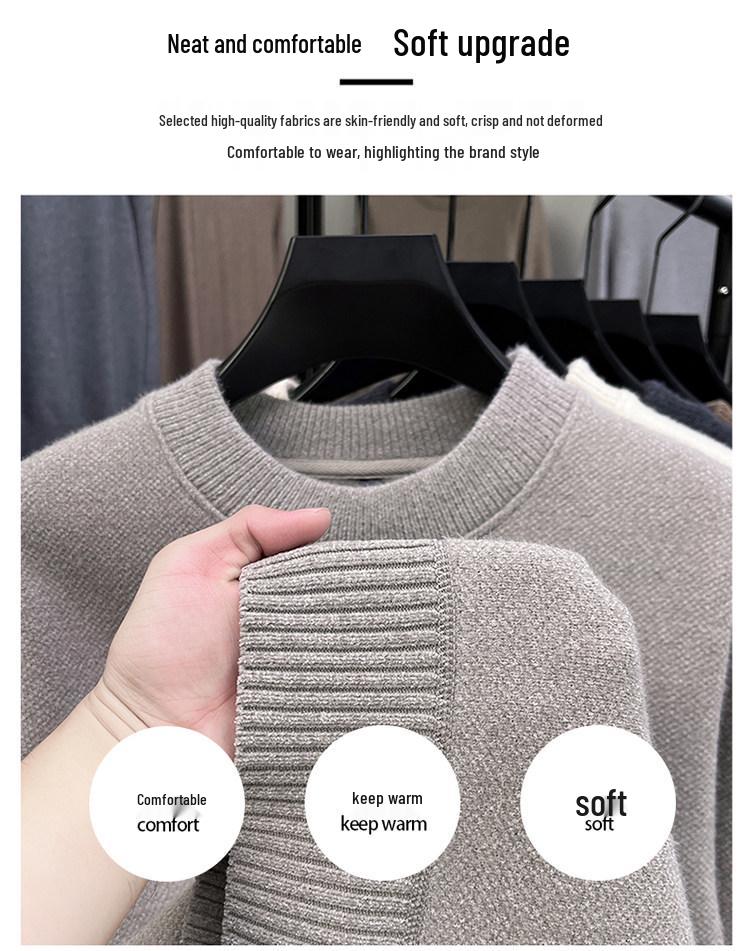 Woodpecker Men's Plus Velvet Thick Knit Sweater - Autumn/Winter Round Neck Long Sleeve Sable Velvet Warm Base Layer.