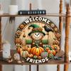 Welcome Friend Scarecrow Wreath Sign 7.8 Inch Metal Wall Decor Plaque, HD 2D Printing, Durable Aluminum, Intricate Details
