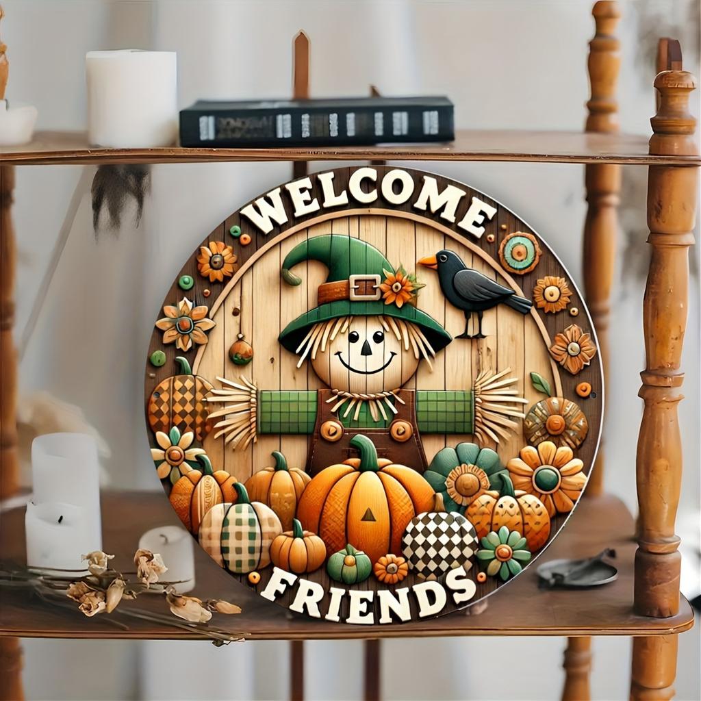 Welcome Friend Scarecrow Wreath Sign 7.8 Inch Metal Wall Decor Plaque, HD 2D Printing, Durable Aluminum, Intricate Details