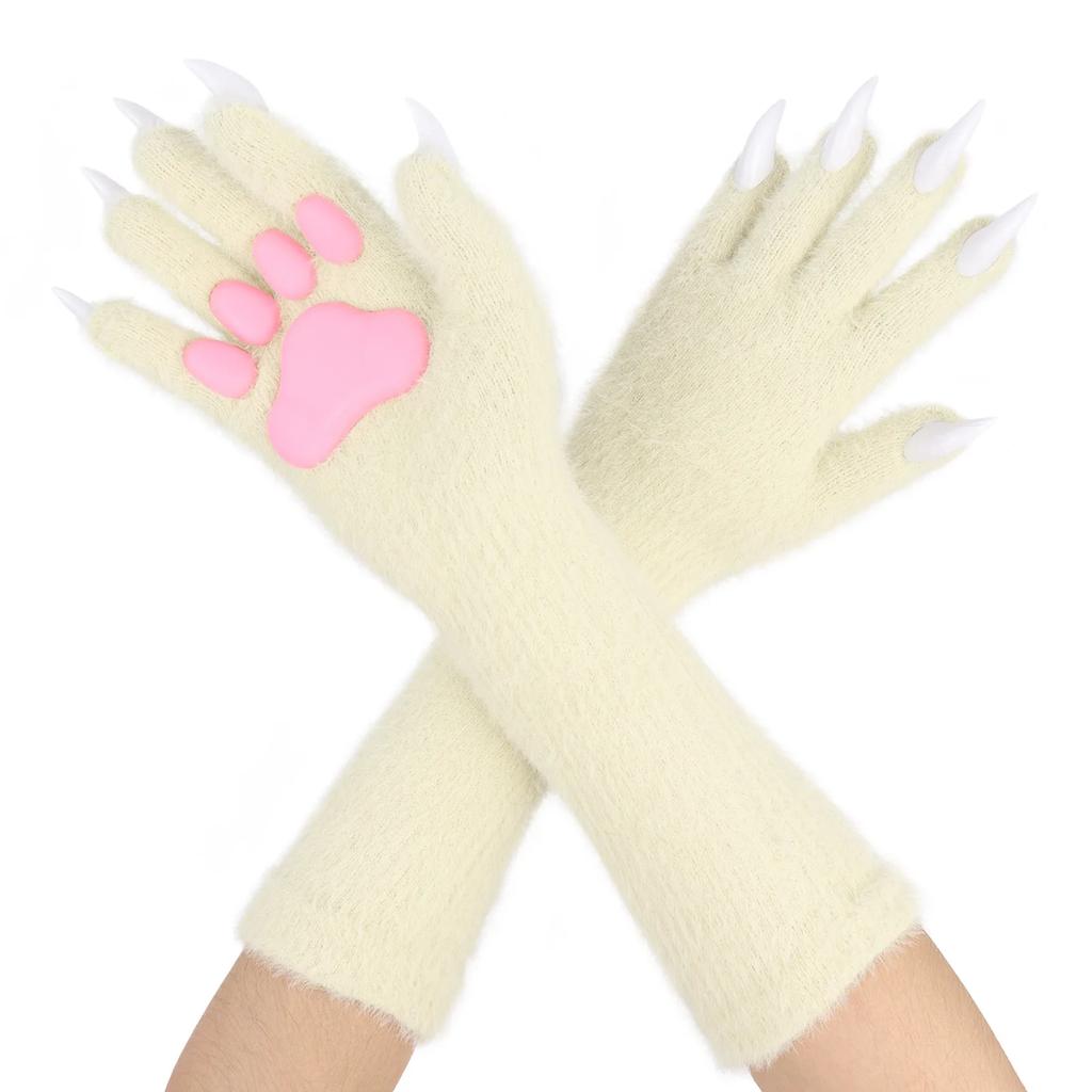 1 Halloween solid color plush long glove with long nails and animal claws, Halloween cosplay ghost claw prop