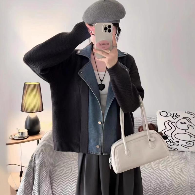 Denim Splicing Design Sense Knitted Cardigan Autumn and Winter New Loose Sweater Jacket Women