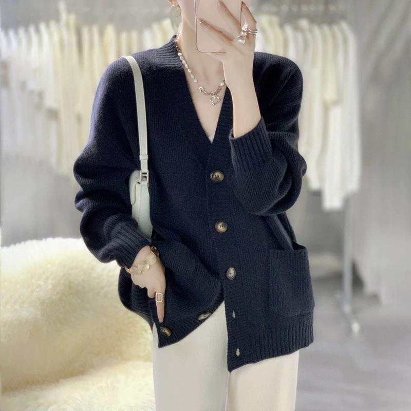 Solid Color Casual Versatile Knitted Cardigan Top Women's Autumn and Winter New V-neck Loose and Thin Sweater Jacket