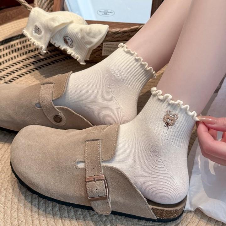 Korean Lolita Lace Ruffle Low-Cut Socks with Cute Animal Embroidery