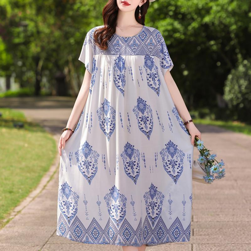 Μεγάλο μέγεθος Φαρδύ Vintage Print Μακρύ Φόρεμα για Γυναικεία Casual κοντομάνικα καλοκαιρινά γυναικεία φορέματα