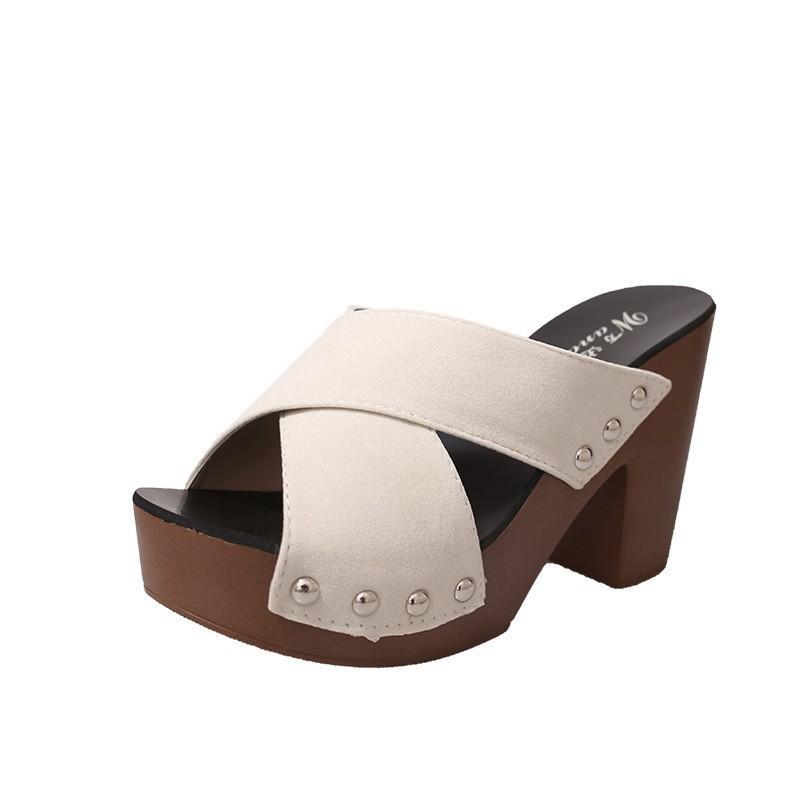 Summer fish mouth one-word rivet cross strap high heel thick bottom waterproof table sandals women