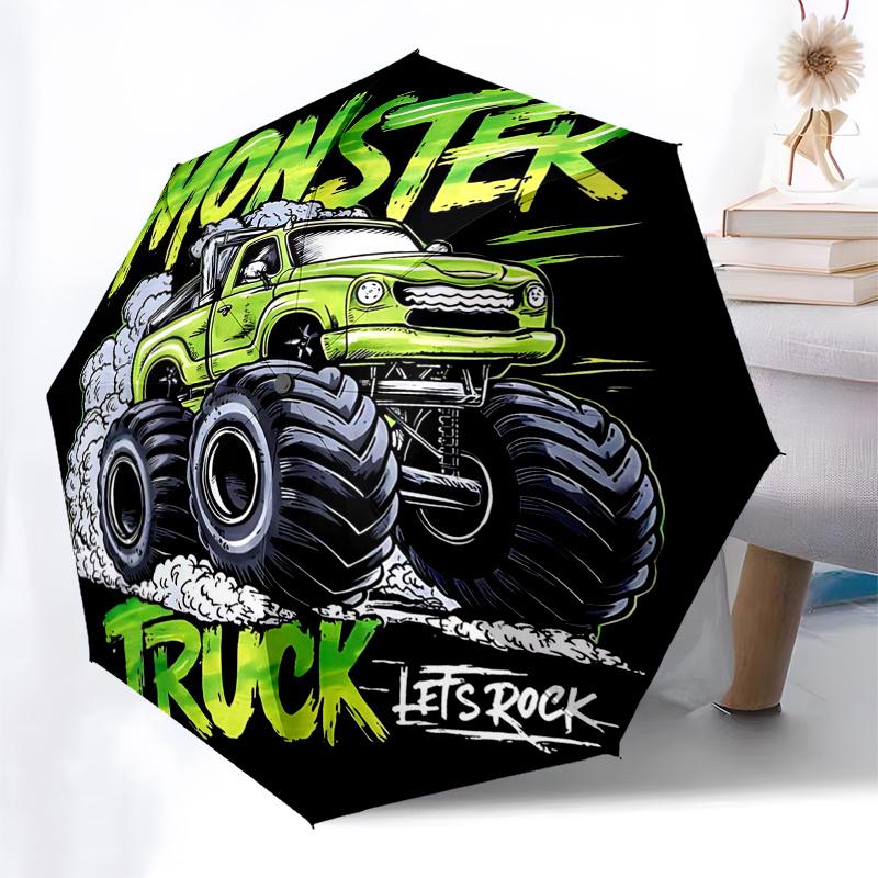 Monster Truck Themen-Reiseregenschirm mit 8 Speichen, Automatisches Öffnen und Schließen, Tragbares faltbares Design, Kompakter und stilvoller Schirm geeignet für