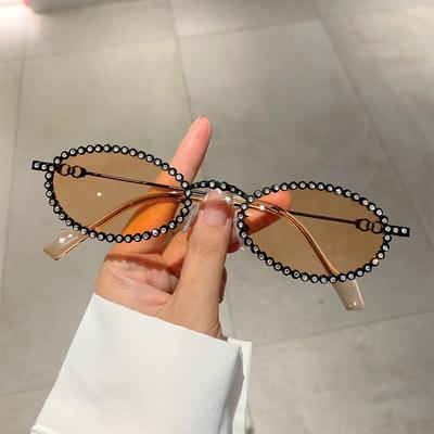 Vintage Punk Luxury Brand Designer Diamond Oval Sunglasses Women Sun Glasses For Female Uv400 Trendy Small Frame Crystal Shades
