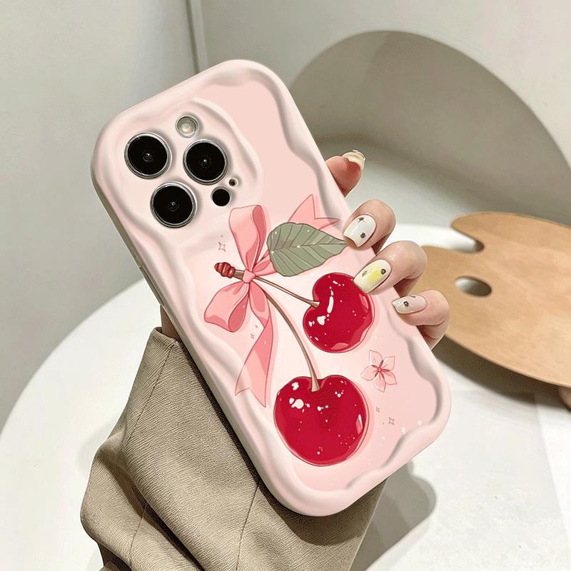 Pink Bowknot Cherry Pattern Cream Wave Phone Case For iPhone 11 12 13 14 15 16 Pro Plus 17 Pro Max 16e 17e Shockproof Soft Cover