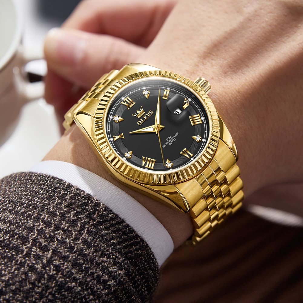 OLEVS Quartz Watch for Date Stainless Business Watch for Gold Black Men, Waterproof, Display, Luminous, Steel, Popular, Stylish, Fashionable, Men, &