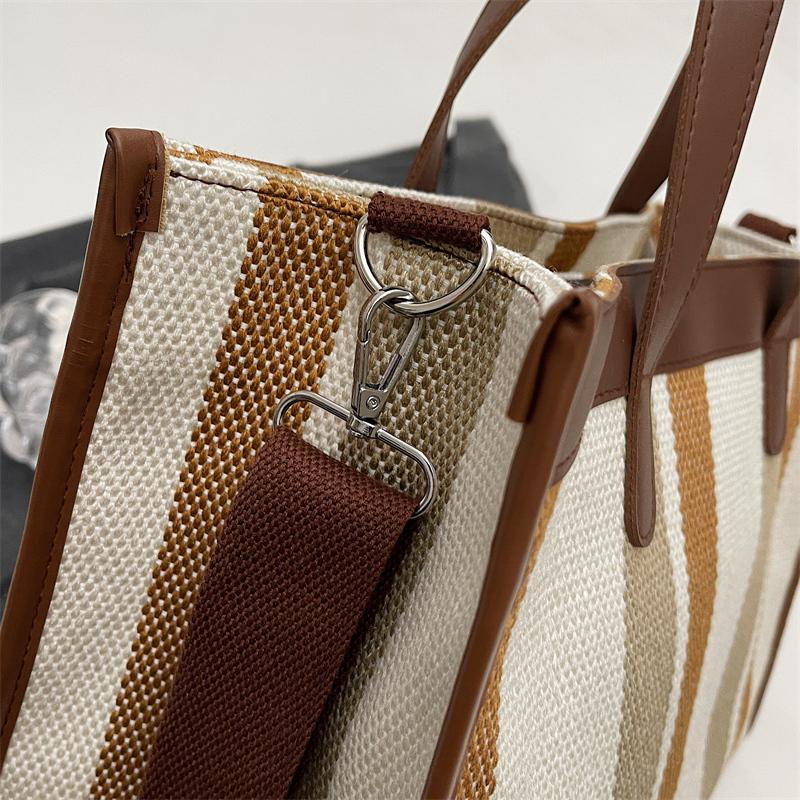 Large Capacity Canvas Bag Hand Carrying Student Class Crossbody Bag Striped Contrast Tote Bag