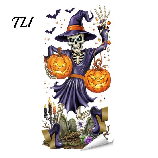 Easy To Apply Wall Stickers Spooky Halloween Window Static Sticker, Pumpkin Bat And Witch Patterns Self Adhesive Film Printed, Decorative