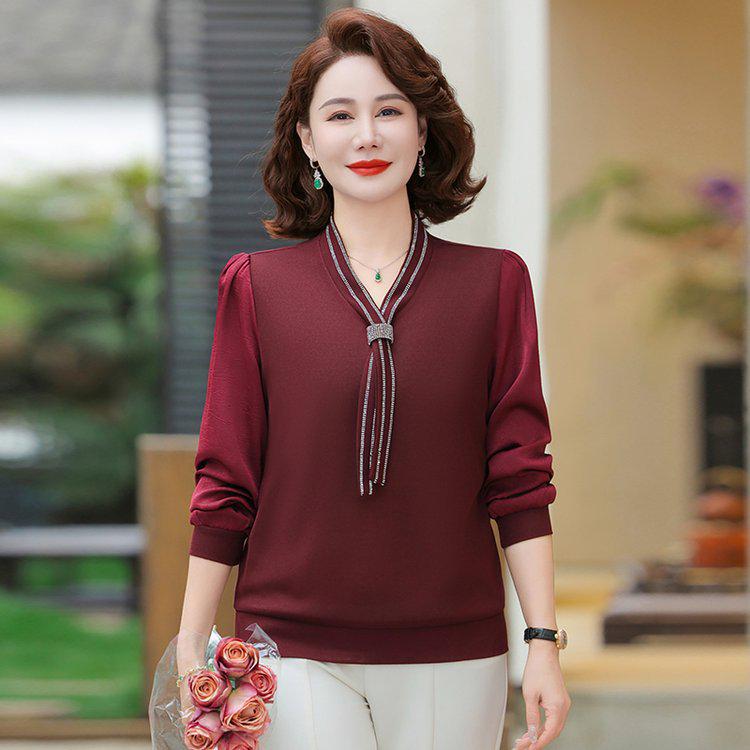 

Spring Lace Collar Plus Size Chiffon Shirt for Middle-Aged & Elderly Women XL темно-красного