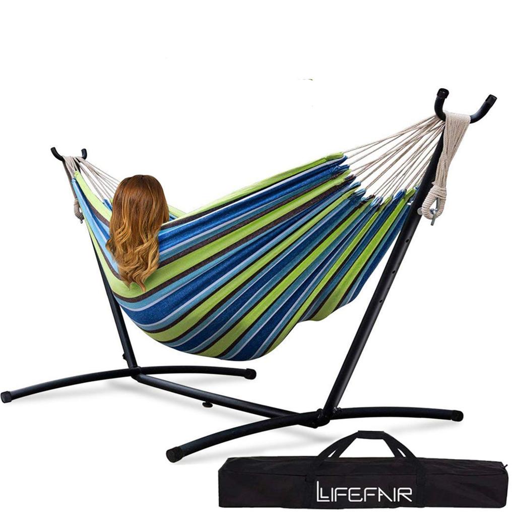 LifeFair Hängematte Freistehendes Gestell Doppel Für Innen- und Außenbereich Aufbewahrungstasche Tragfähigkeit 300kg Set, Größe, Verwendung, Enthalten,