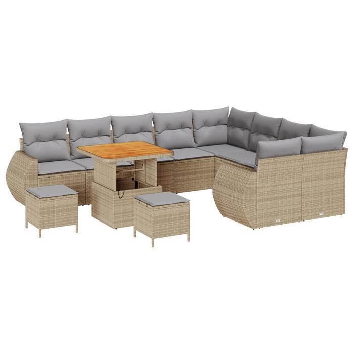 vidaXL 12-piece Garden Sofa Set with Cushions In Beige Poly Rattan Acacia, Garden Dining Set 3361912