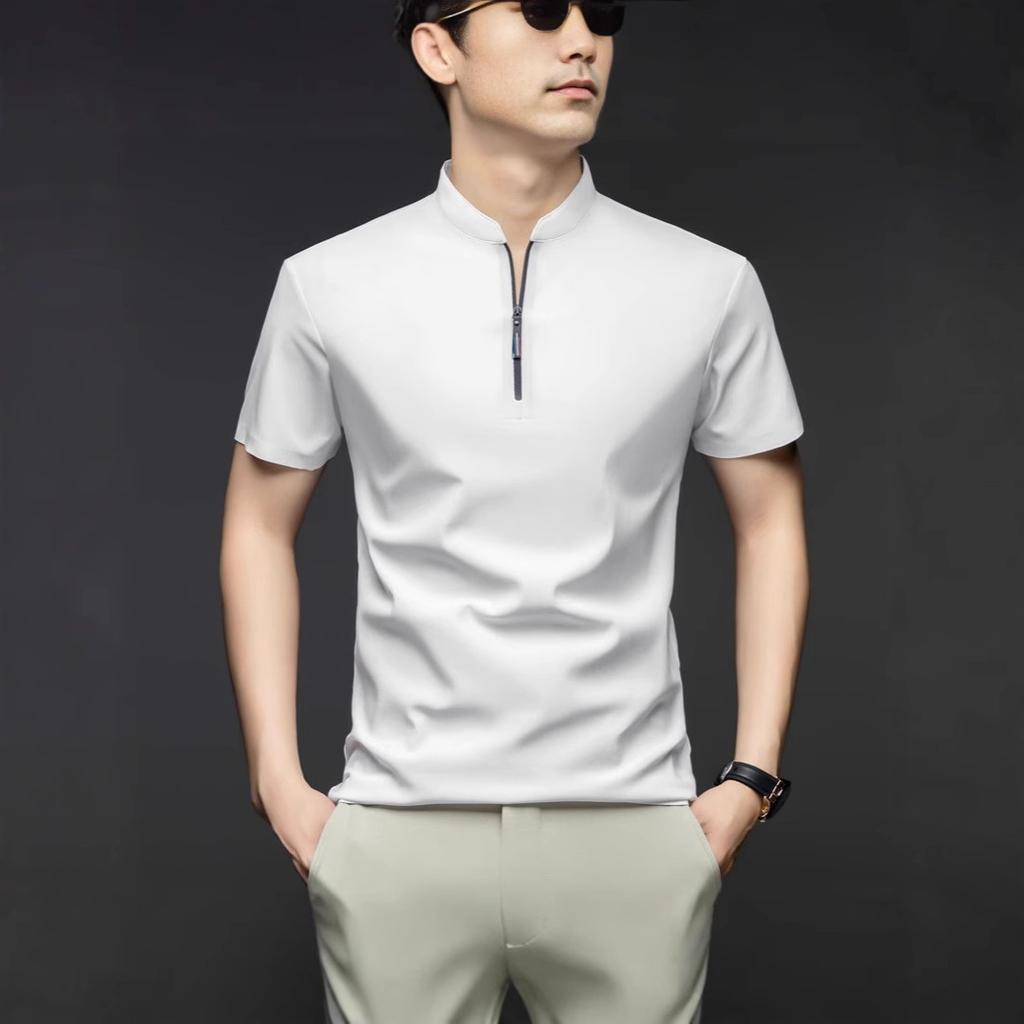 Men's Casual Fashion Solid Color Short Sleeved Polo Shirt Stand Up Collar Versatile Comfortable Top