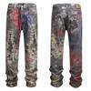 RogueWave High Street Straight Washed Dirty Ripped Blue Jeans Pants for Men Vintage Casual Loose Denim Trousers Frayed Patchwork Cargos