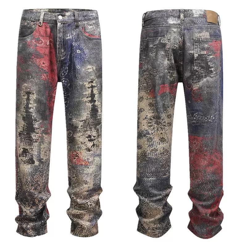 RogueWave High Street Straight Washed Dirty Ripped Blue Jeans Pants for Men Vintage Casual Loose Denim Trousers Frayed Patchwork Cargos
