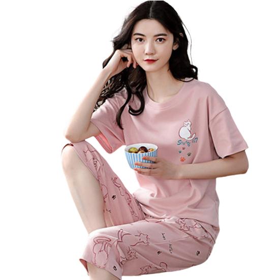 Lounge-Nachtwäsche, O-Ausschnitt, atmungsaktiv, für Mädchen, Sommer, Cartoon-Druck, T-Shirt, bauchfreie Hosen, Set für den täglichen Gebrauch