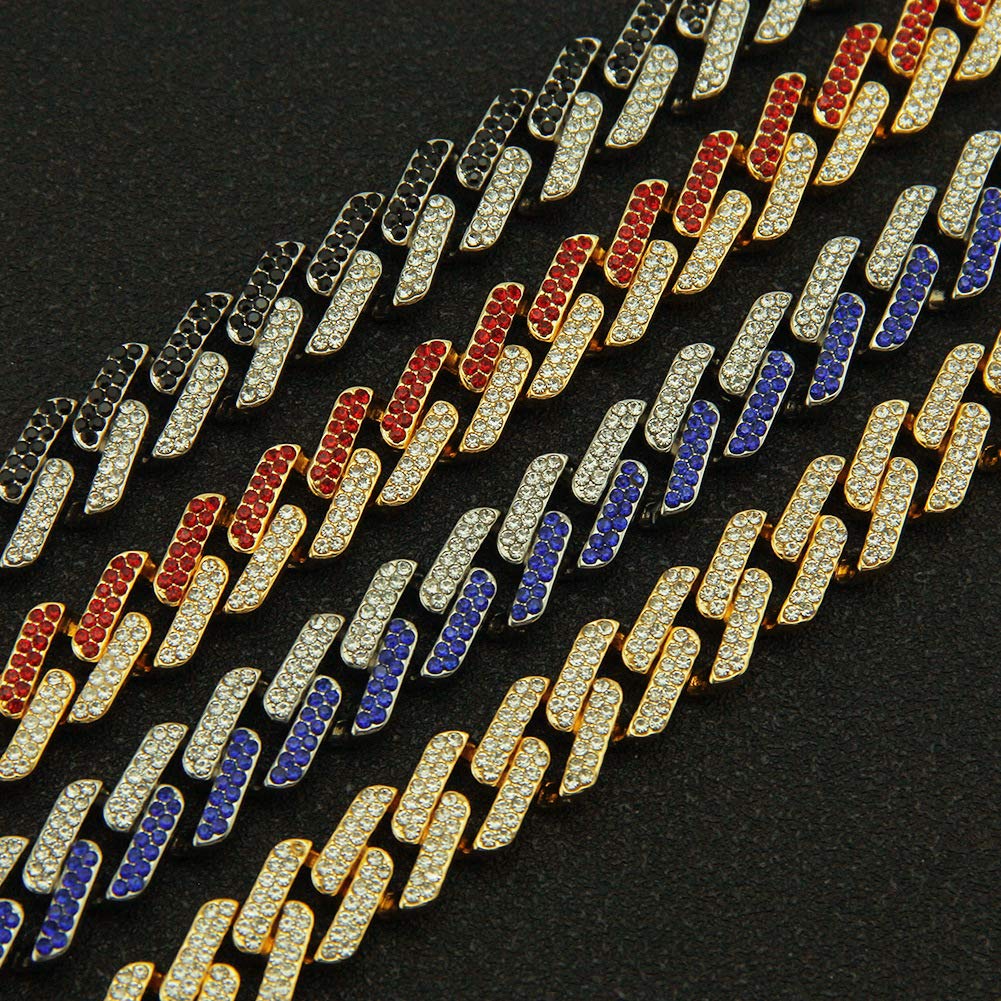 Rockyu 13mm Zirconia Cuban Link Necklace for Men - Miami Cuban Chain, 13mm Wide, Thick CZ Diamond Link Choker, Rock/Punk Style (Gold-Black Diamond, 20