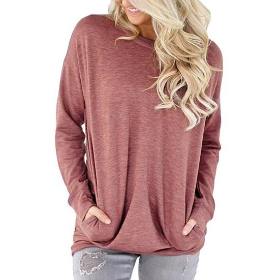 חולצת טי-שירט רפויה לנשים, צבע אחיד, שרוולים ארוכים, עם כיסים, טוניקה רפויה, סתיו