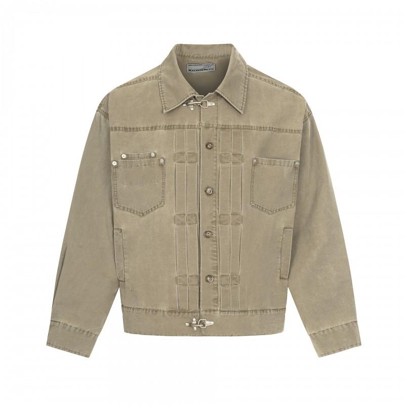 Mens Vintage Washed Denim Jacket With Snap Buttons Loose Fit Workwear Style Fall Casual Wear