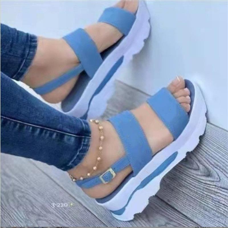 Summer New Large-size Women's Shoes Wide-sided One-word Buckle with Thick-soled Wedge Heel Fish Mouth Sandals Women