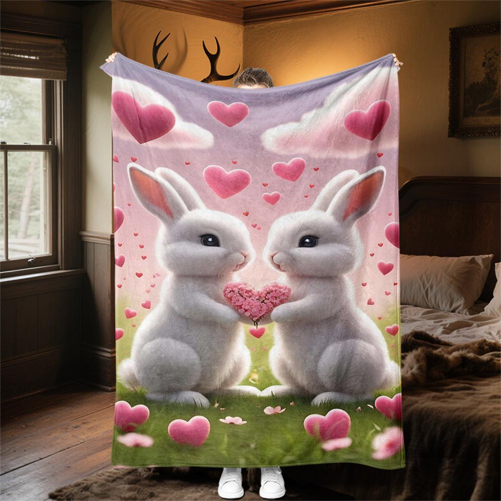 1pc rabbit love Outdoor Flannel Blanket Soft Warm All-Season Throw for Sofa Bed Car Camping Office, Cozy Gift Idea1293S